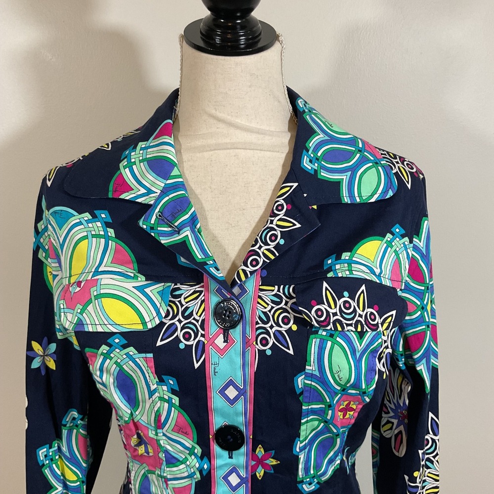 Emilio Pucci Saks Jandel Vintage Navy Psychedelic Floral Jacket Italy Size 12/46 - Picture 2 of 15